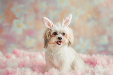Cute little dog with bunny ears on pink background. Funny petの素材