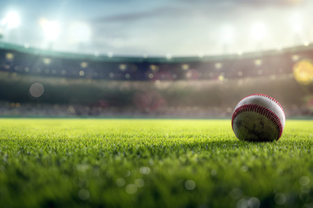 Baseball ball on green grass field with blurred stadium lights background.の素材