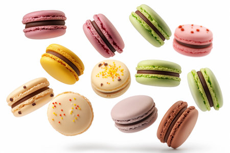 Colorful macaroons falling on white background. Isolated.の素材