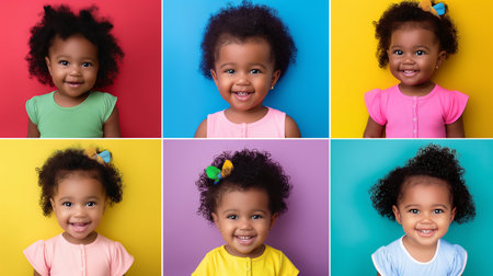 Portrait of cute african american little girl smiling on colorful backgroundの素材