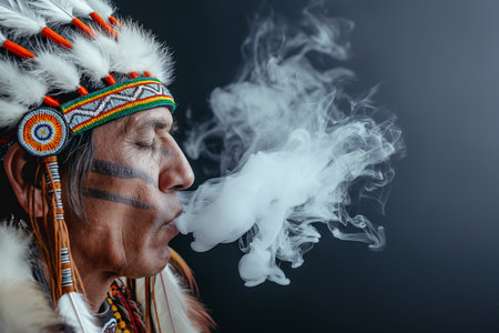 Portrait of an American Indian man in traditional costume smoking a pipe.の素材
