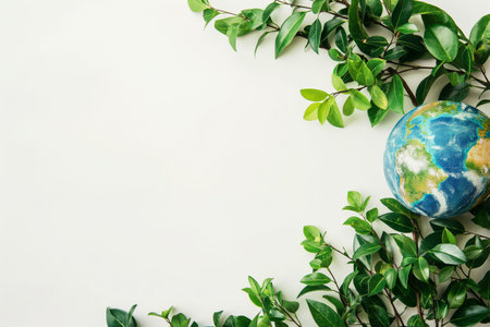Globe and green leaves on white background, save the earth conceptの素材