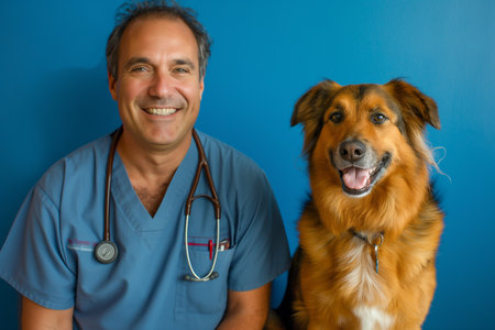 Veterinarian with his dog on blue background. Veterinary concept.の素材