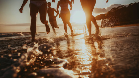 Group of friends running on the beach at sunset. People having fun on the beach.の素材