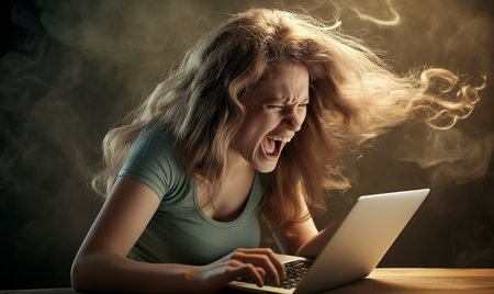 Screaming woman with laptop computer on dark background. Online shopping conceptの素材