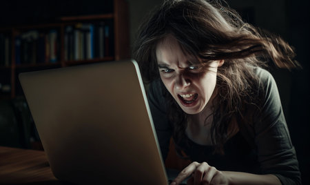 Scared young woman using a laptop computer at night in the darkの素材