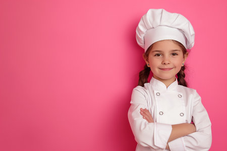 Portrait of a little girl in chef uniform on a pink backgroundの素材