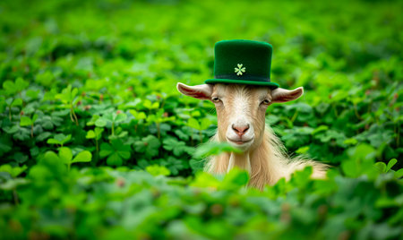Leprechaun goat in green hat on clover backgroundの素材