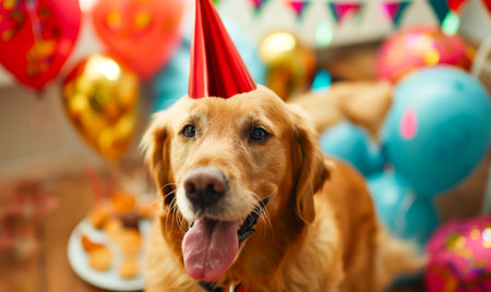 Cute Golden Retriever dog in party hat at birthday partyの素材