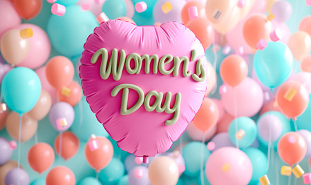 Pink heart shaped balloon with phrase Women's Day on blue background. 3D Renderingの素材