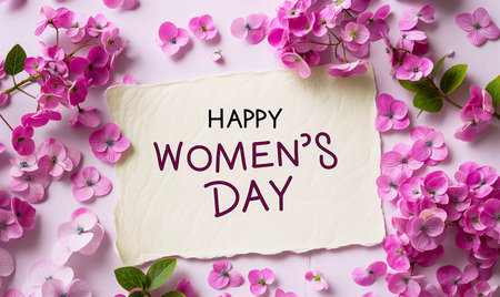 Happy Women's Day text on paper with pink hydrangea flowers on white wooden backgroundの素材