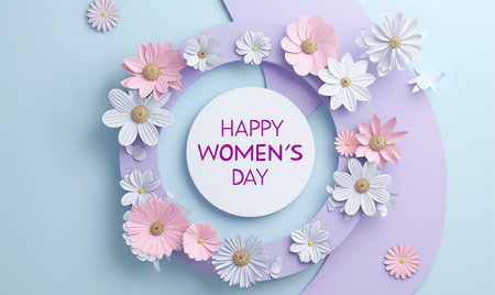 Happy Women's Day. Greeting card with paper cut flowers. Vector illustration.の素材