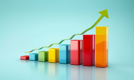 3d render of colorful bar graph with arrow up on blue backgroundの素材