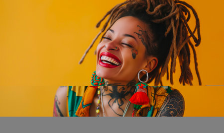 Portrait of a beautiful young woman with dreadlocks on a yellow backgroundの素材