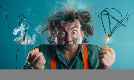 Funny crazy electrician with wires and smoke on blue background.の素材