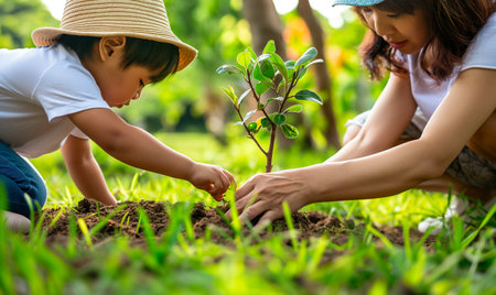 Asian mother and son planting tree together in the garden. Concept of happy family.の素材