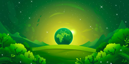Green nature background with planet and starry sky. Vector illustration.の素材