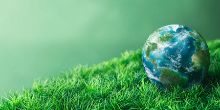 Earth globe on green grass with bokeh background. Earth day concept.の素材