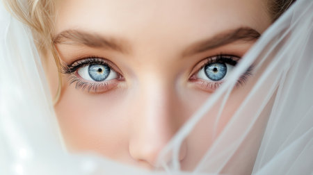 Close up portrait of beautiful young woman with blue eyes and white veilの素材