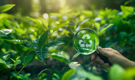 Hand holding magnifying glass with green recycle symbol on nature background.の素材