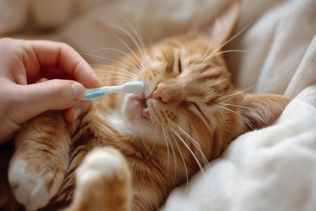 Woman brushing her ginger cat with toothbrush at home, closeupの素材