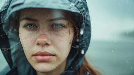 Portrait of a beautiful girl in a raincoat with a hood on her head.の素材