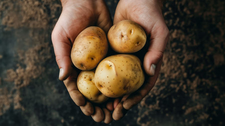 Potatoes in the hands of a farmer on a background of soil.の素材