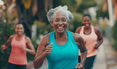 Group of friends running together. Cheerful senior woman smiling and showing thumbs up while exercising outdoorsの素材