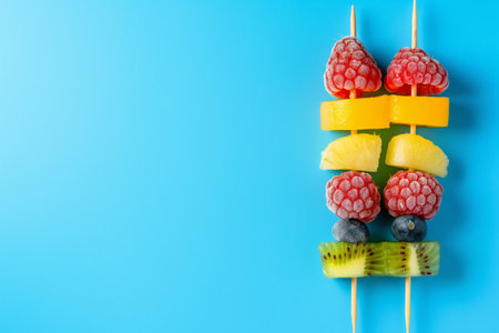 Fruit skewers with pineapple, blueberries, kiwi and raspberries on blue backgroundの素材