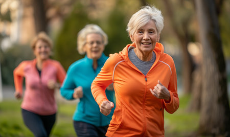 senior women jogging in the park on a sunny day (selective focus)の素材