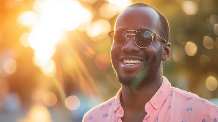 Portrait of a smiling african american man in sunglasses at sunsetの素材