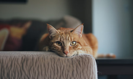 Cute ginger cat lying on sofa and looking at camera with green eyesの素材