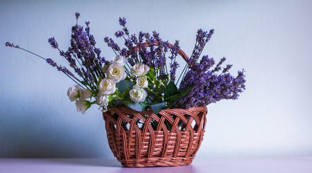 Lavender and white rose in brown creelの写真素材