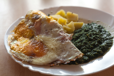Spinach with egg omelette and potatoesの写真素材