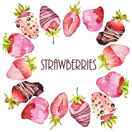 Chocolate-covered strawberries. Watercolor illustration. Frames. Valentineâs Day.のeditorial素材