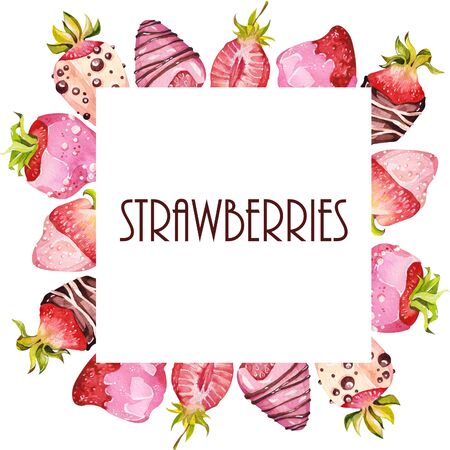 Chocolate-covered strawberries. Watercolor illustration. Frames. Valentineâs Day.のeditorial素材