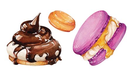 Watercolor hand painted pastries collection. Sketch set of dessert. Pastry sweets collection: doughnuts, candies, croissants, muffins and macaroons.の写真素材
