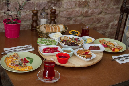 Turkish breakfast on a wooden table.の写真素材