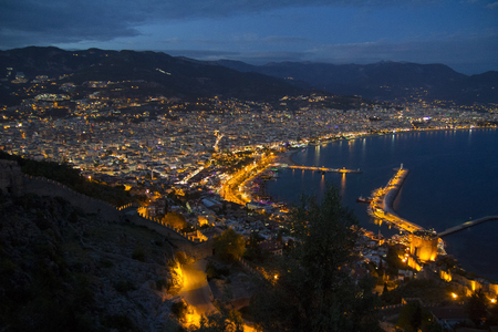 Night panorama of famous holiday resort in Turkey, Alanyaの写真素材
