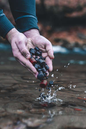 Feeding fish in the river from hands closeup with blur backgroundの写真素材