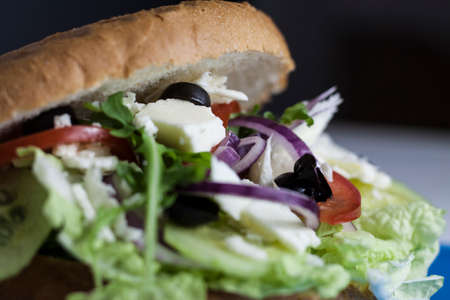 Vegetarian burger made of cheese, onion, olives and salad close-up blur backgroundの写真素材