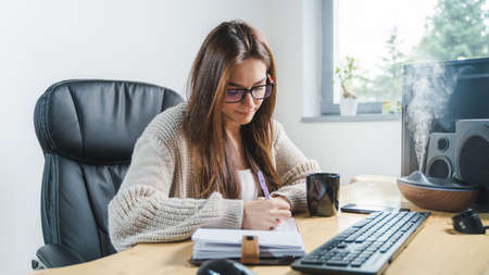 Pretty young businesswoman focused sitting and writing notes in her office in front of computer.
