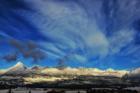 Panorama of the High Tatras at sunrise in winterの写真素材