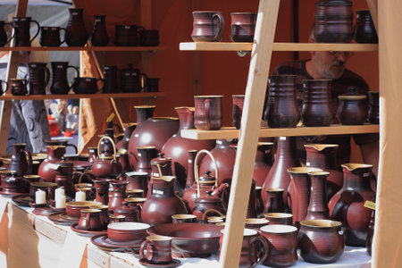 Kunstat,Czech republic-September 12,2014:One of the stands in traditional  market with handmade ceramic in Kunstat. Kunstat is most popular city in Czech Republic , whis is famous for work of ceramic.のeditorial素材