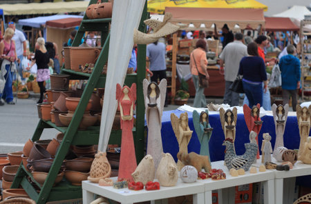 Kunstat,Czech republic-September 12,2014:One of the stalls  in traditional  market with handmade ceramic in Kunstat.People browsing market stalls. Kunstat is most popular city in Czech Republic , whis is famous for work of ceramic.のeditorial素材