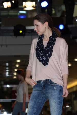 Brno,Czech Republic-March 20,2015: Model walking on fashion show during Vankovka Fashion Days 2015 - The Birth of Light, show are held on the occasion of the International Year of Light 2015のeditorial素材