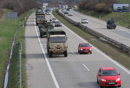 Brno,Czech Republic-March 30,2015 Dragoon ride US army convoy drives through Czech Republic, convoy, returning from the Baltic countries to a German base, entered the territory of the Czech Republicのeditorial素材