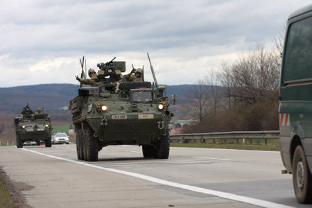 Brno,Czech Republic - March 30, 2015:Dragoon Ride - US army convoy drives through Czech Republic. The U.S. military convoy, returning from the Baltic countries to a German base, entered the territory of the Czech Republicのeditorial素材