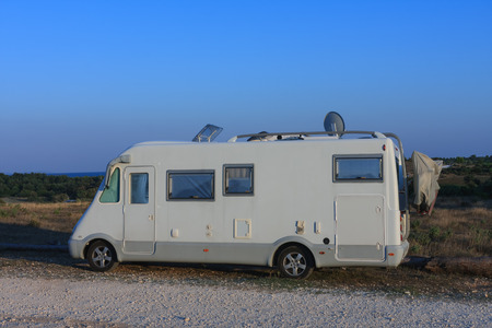 Caravan in Kamenjak in Croatia in the sunset time.
