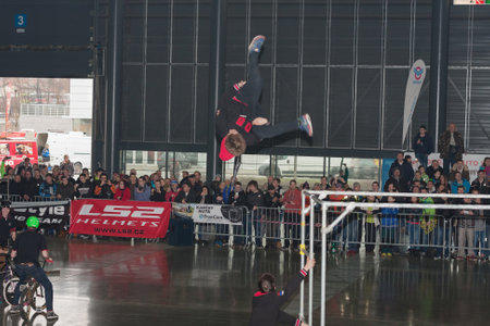 BRNO, CZECH REPUBLIC-MARCH 4,2016: Stuntman jumping during stunt show on International Fair for...